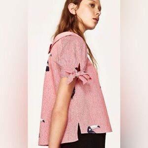 Pink Striped Top with Bow Accents and Button Detail XS